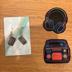 Silver Cassette Tape Earrings +‎ Stickers